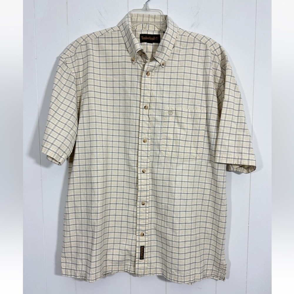 Timberland Shirt Men's Size L Yellow Plaid Button Down 100% Cotton Short Sleeve - Picture 1 of 8